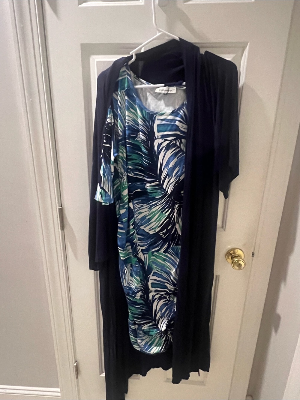 Maternity Navy Duster with Blue Green Tropical Print Dress